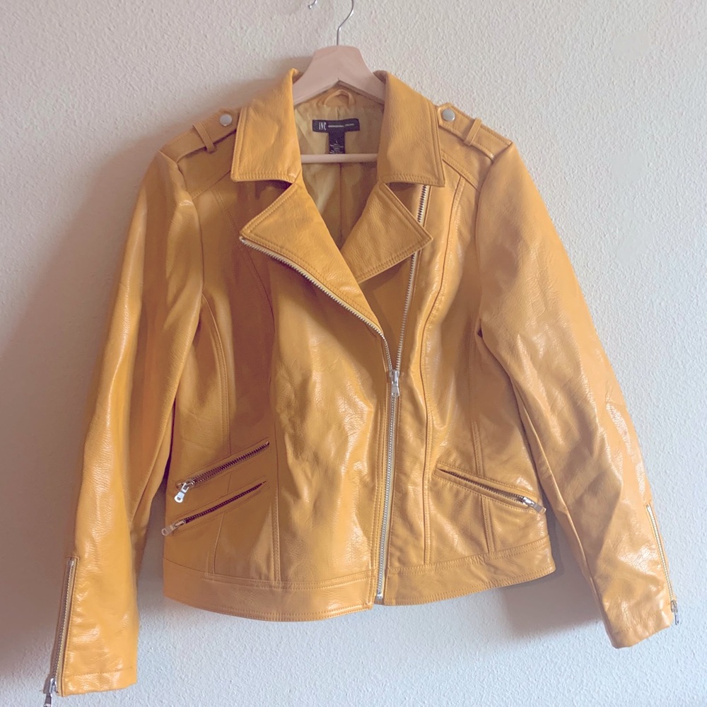 Yellow faux leather moto jacket